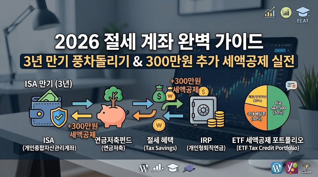 2026 절세 계획 가이드 이미지로, ISA, 연금저축펀드, 절세 혜택, IRP, ETF 세액공제 포트폴리오에 대한 정보를 포함하고 있음. 3년 만기 풍차돌리기 및 300만원 추가 세액공제 실천 방안 설명.