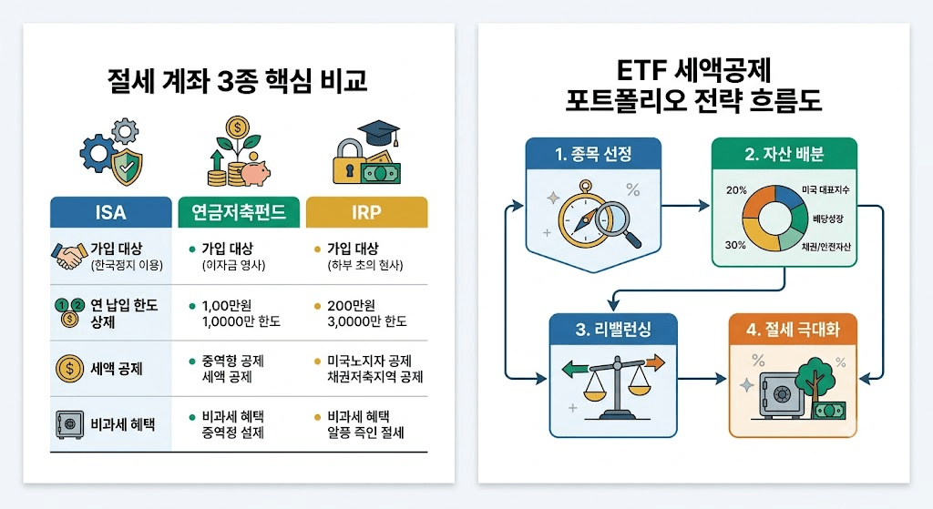 절세 계좌 3종 핵심 비교: ISA, 연금저축펀드, IRP에 대한 정보와 가입 대상, 연납 한도, 세액 공제 및 비과세 혜택 정리