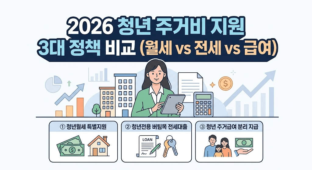2026 청년 주거비 지원 정책 비교 이미지로, 청년월세특별지원, 청년전용 주택담보대출, 청년 주거급여 분리 지급을 설명하는 그래픽