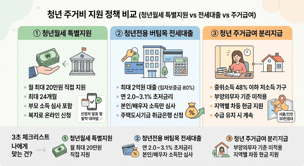 청년 주거비 지원 정책 비교 그래픽, 청년월세 특별지원, 청년전용 버팀목 전세대출, 청년 주거급여 분리지급 내용 포함.
